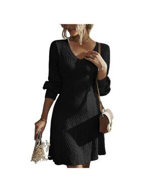 Women's Dress Casual Long Sleeve V Neck Knit A Line Pullover Sweater Mini Dress